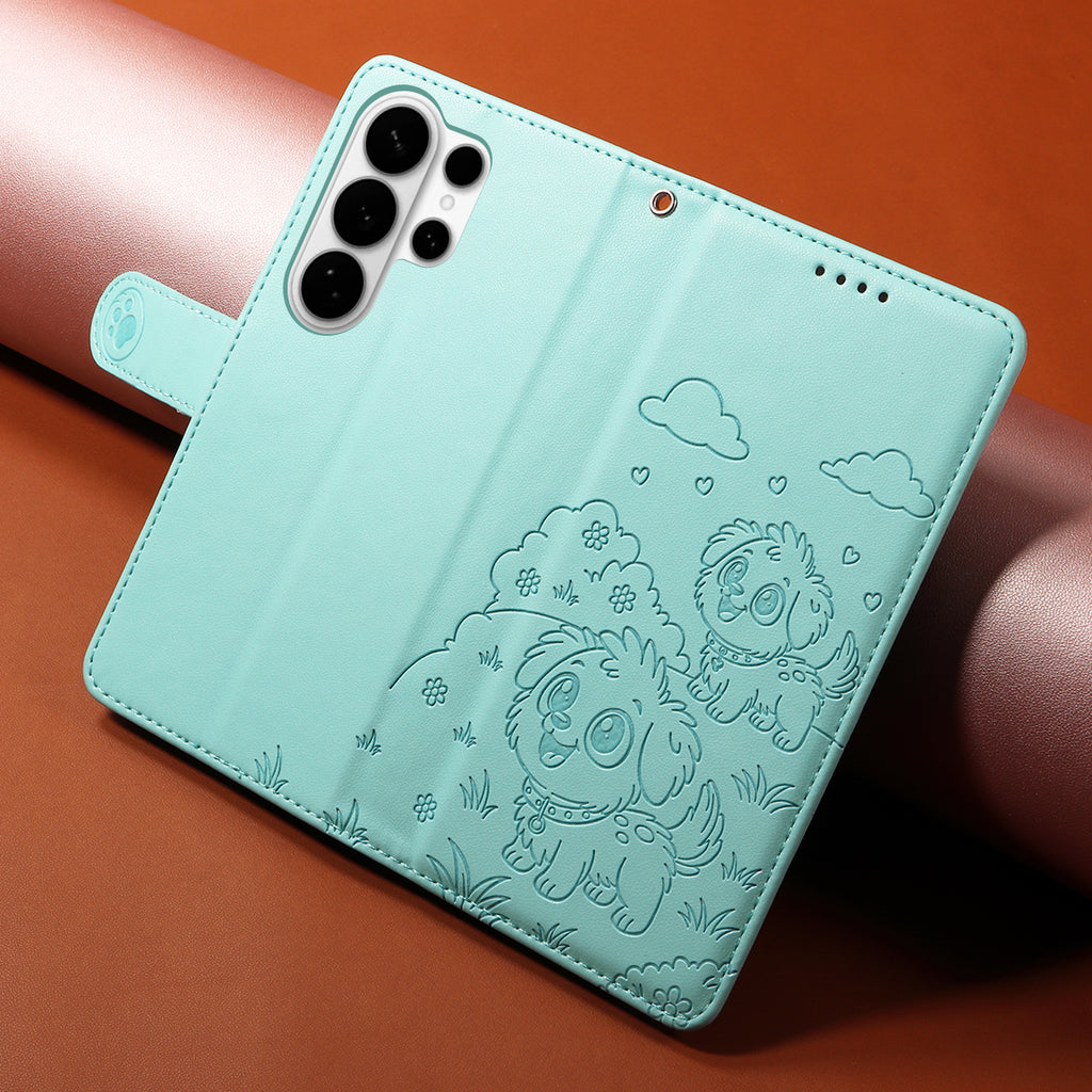 For Samsung Galaxy S26 Ultra Case RFID Blocking Imprinted Dog Pattern PU Leather Phone Cover with Wrist Strap