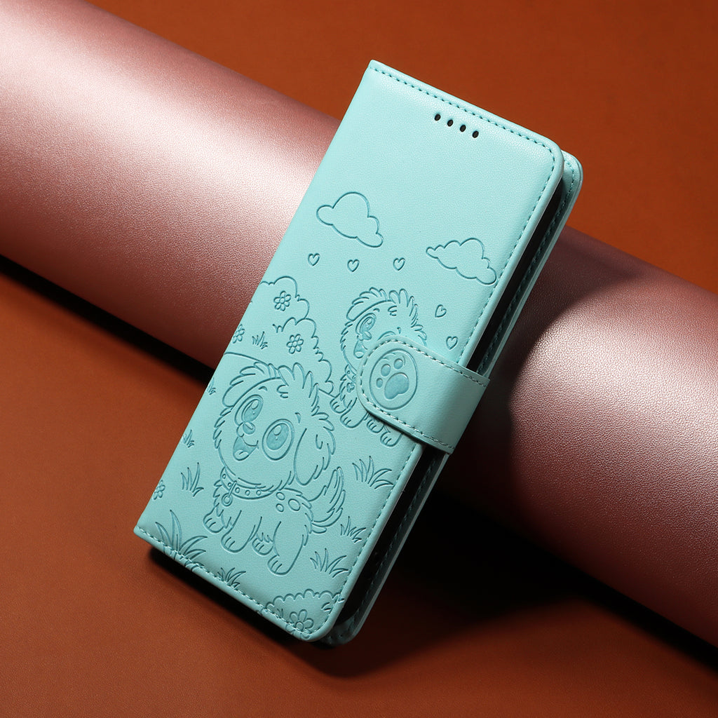 For Samsung Galaxy S26 Ultra Case RFID Blocking Imprinted Dog Pattern PU Leather Phone Cover with Wrist Strap