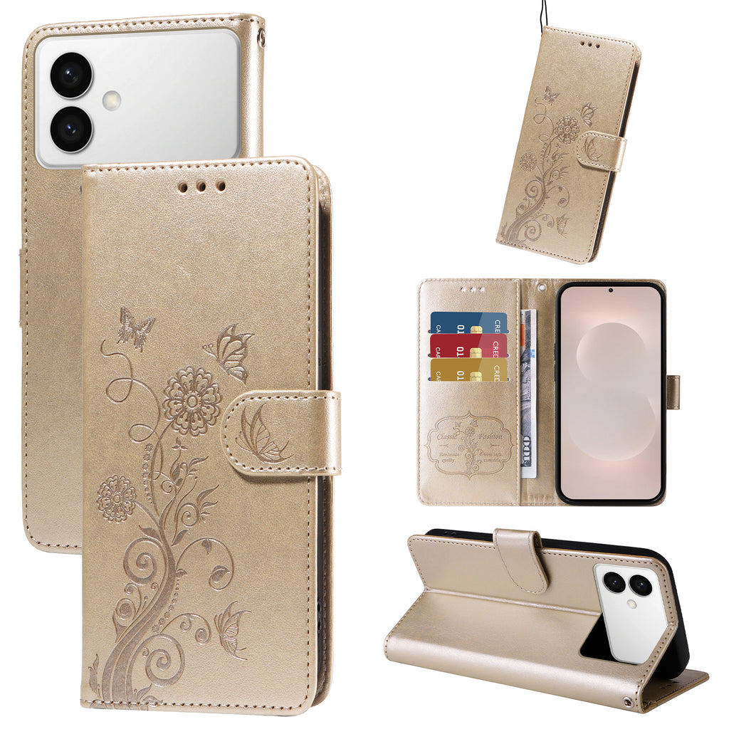 For Samsung Galaxy S26 Edge Leather Case Butterfly Floral Imprint Wallet Stand Cover