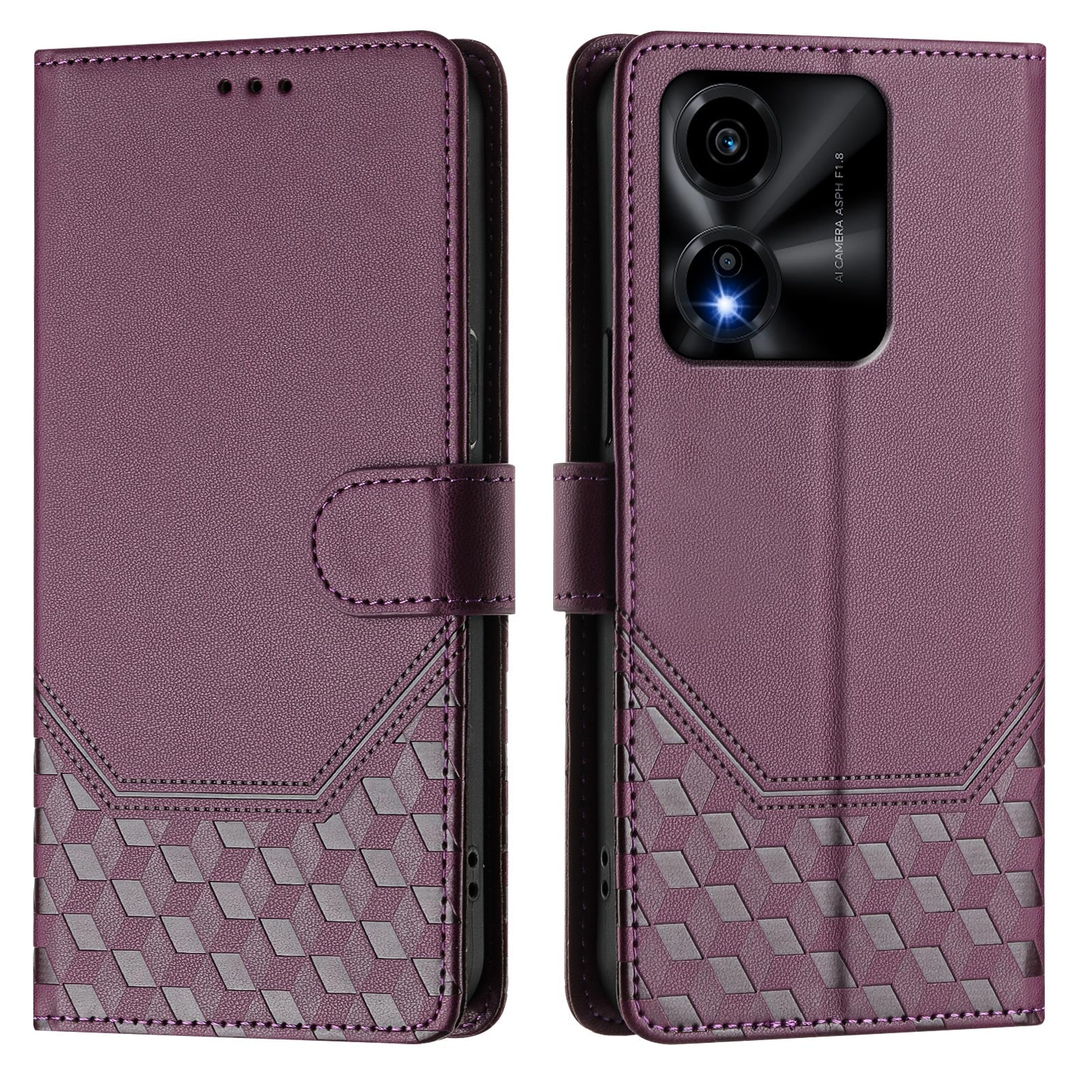 For Honor X5c Plus 4G Case Imprinted Honeycomb RFID Blocking Leather Phone Cover with Strap