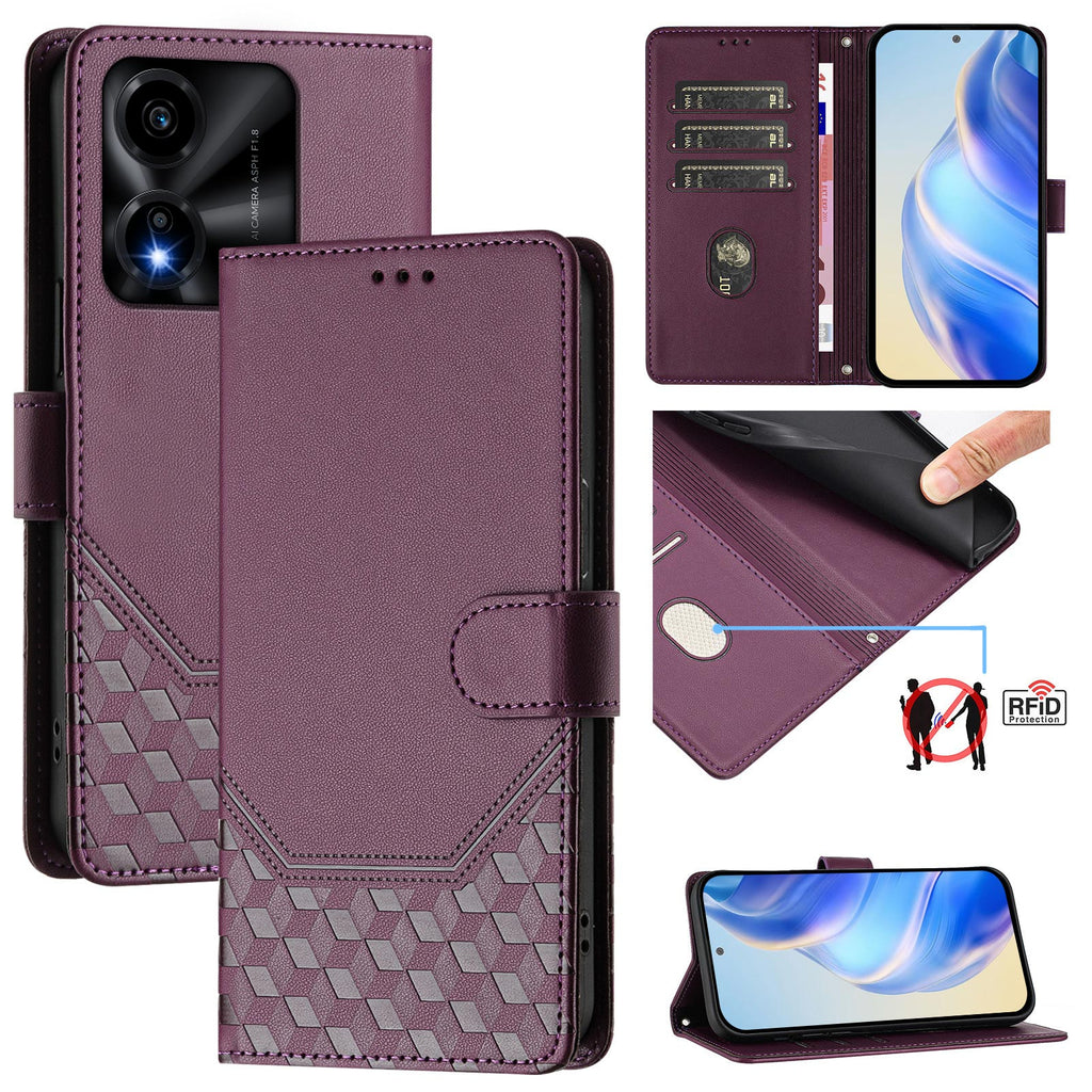 For Honor X5c Plus 4G Case Imprinted Honeycomb RFID Blocking Leather Phone Cover with Strap