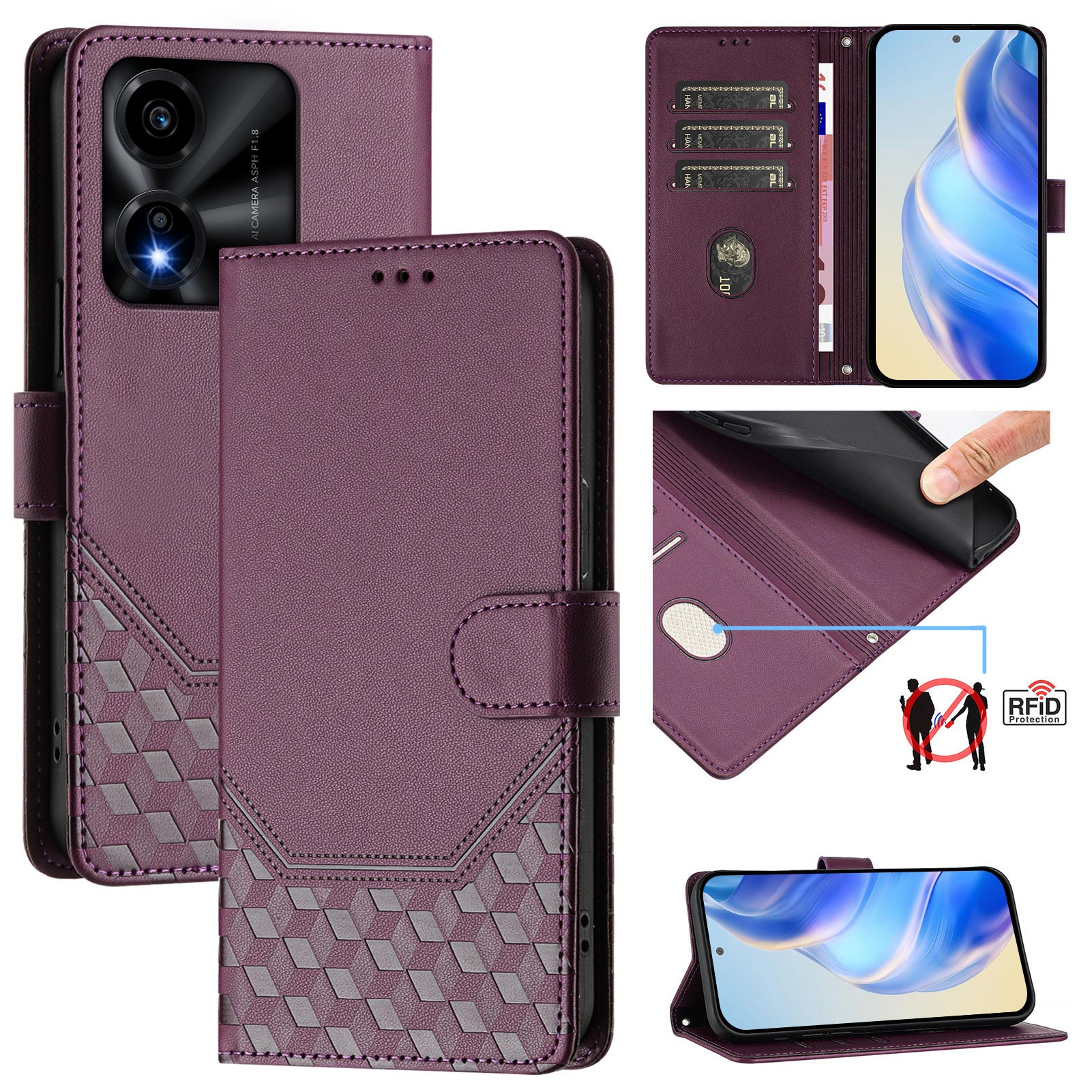 For Honor X5c Plus 4G Case Imprinted Honeycomb RFID Blocking Leather Phone Cover with Strap