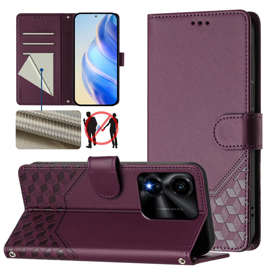 For Honor X5c Plus 4G Case Imprinted Honeycomb RFID Blocking Leather Phone Cover with Strap