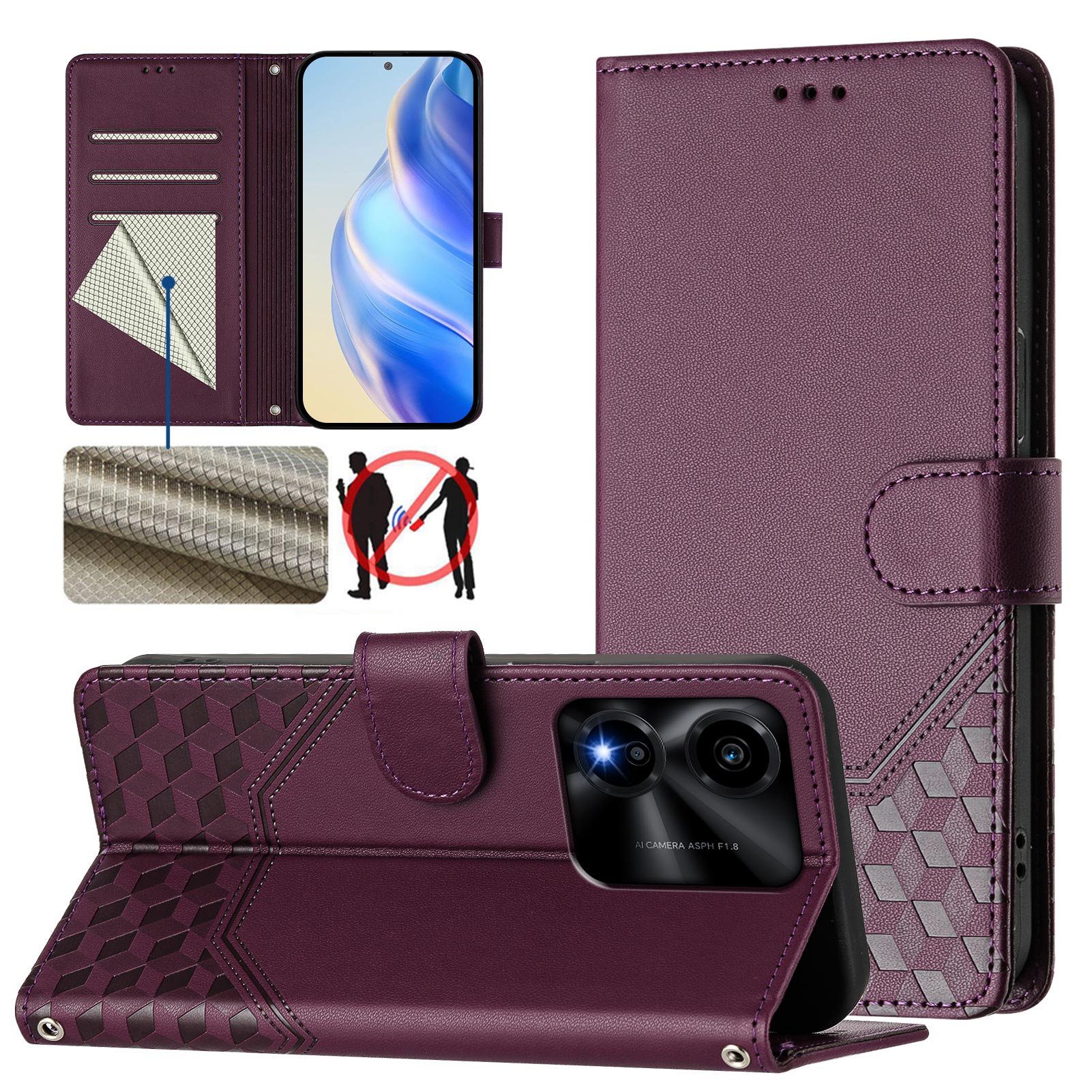 For Honor X5c Plus 4G Case Imprinted Honeycomb RFID Blocking Leather Phone Cover with Strap