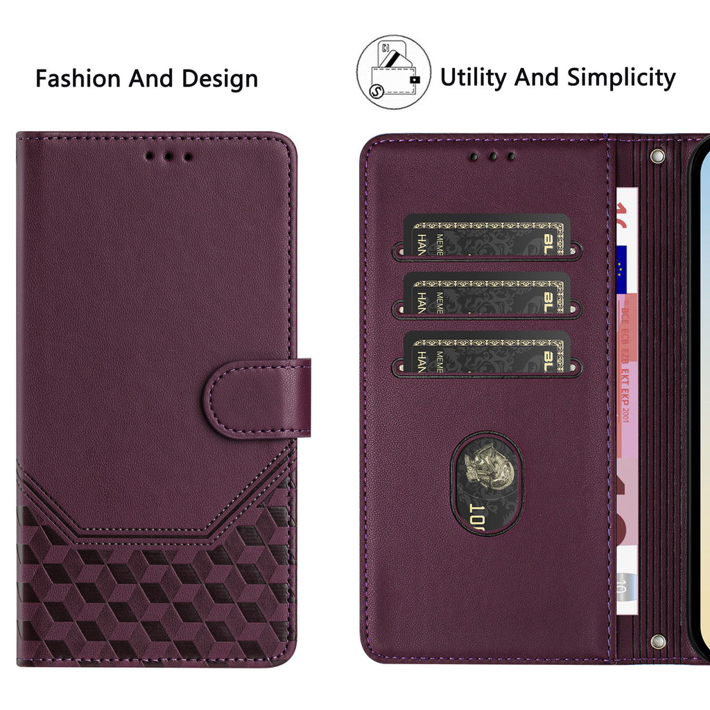For Honor X5c Plus 4G Case Imprinted Honeycomb RFID Blocking Leather Phone Cover with Strap