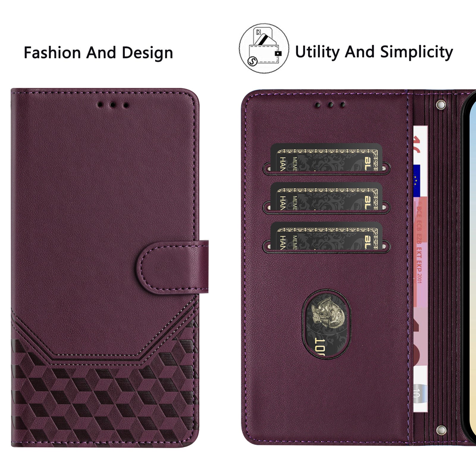 For Honor X5c Plus 4G Case Imprinted Honeycomb RFID Blocking Leather Phone Cover with Strap