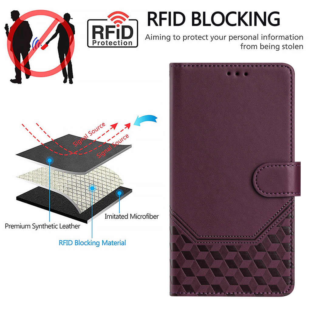 For Honor X5c Plus 4G Case Imprinted Honeycomb RFID Blocking Leather Phone Cover with Strap