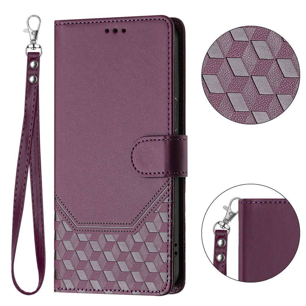 For Honor X5c Plus 4G Case Imprinted Honeycomb RFID Blocking Leather Phone Cover with Strap
