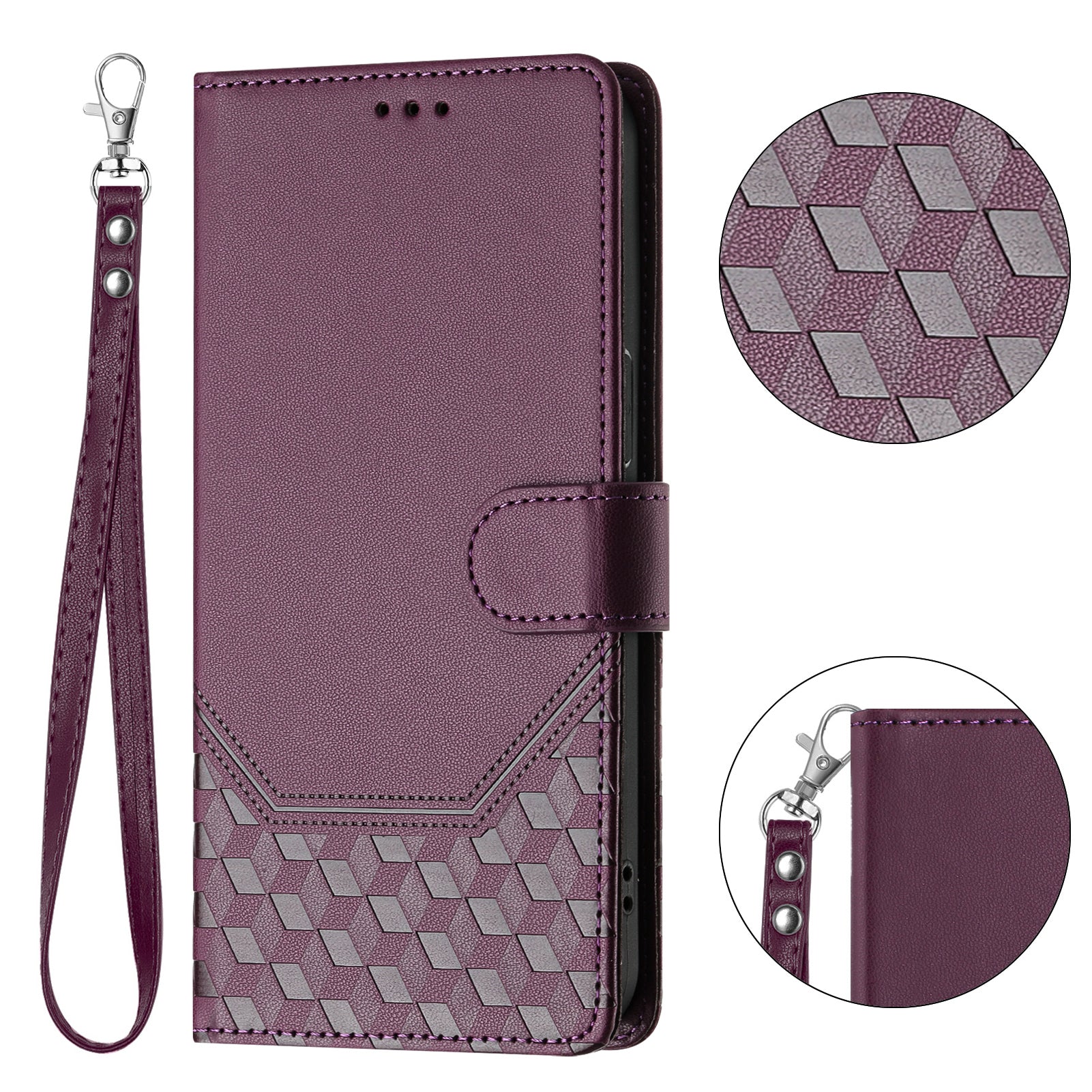 For Honor X5c Plus 4G Case Imprinted Honeycomb RFID Blocking Leather Phone Cover with Strap