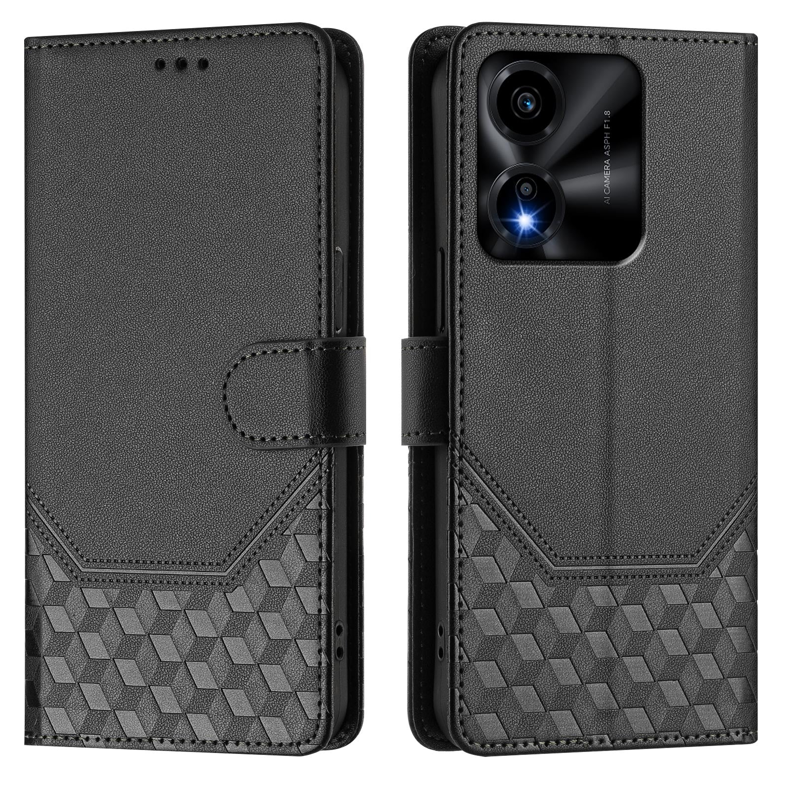 For Honor X5c Plus 4G Case Imprinted Honeycomb RFID Blocking Leather Phone Cover with Strap