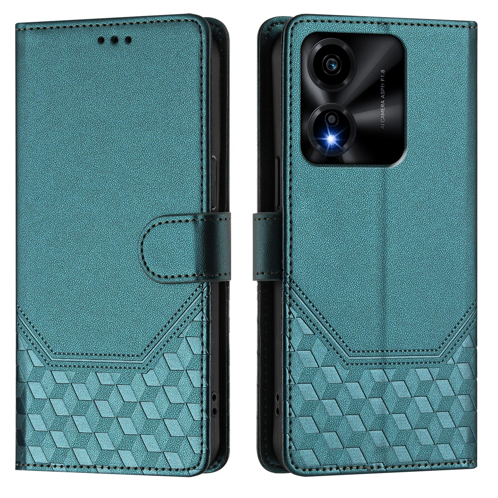 For Honor X5c Plus 4G Case Imprinted Honeycomb RFID Blocking Leather Phone Cover with Strap