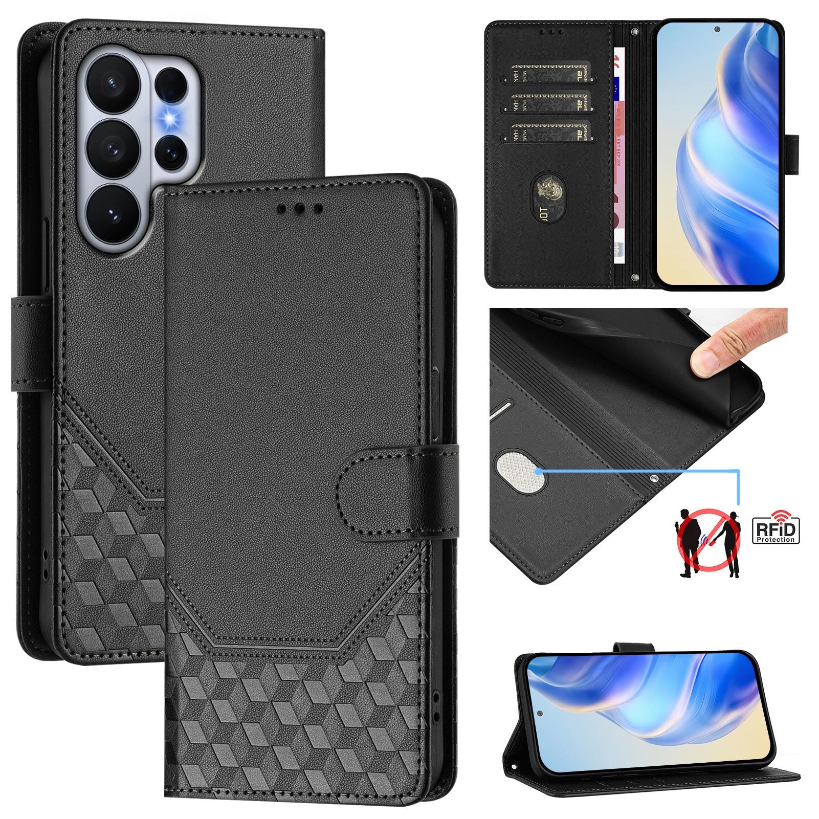 For Samsung Galaxy S26 Ultra Case Imprinted Honeycomb RFID Blocking Leather Phone Cover with Strap