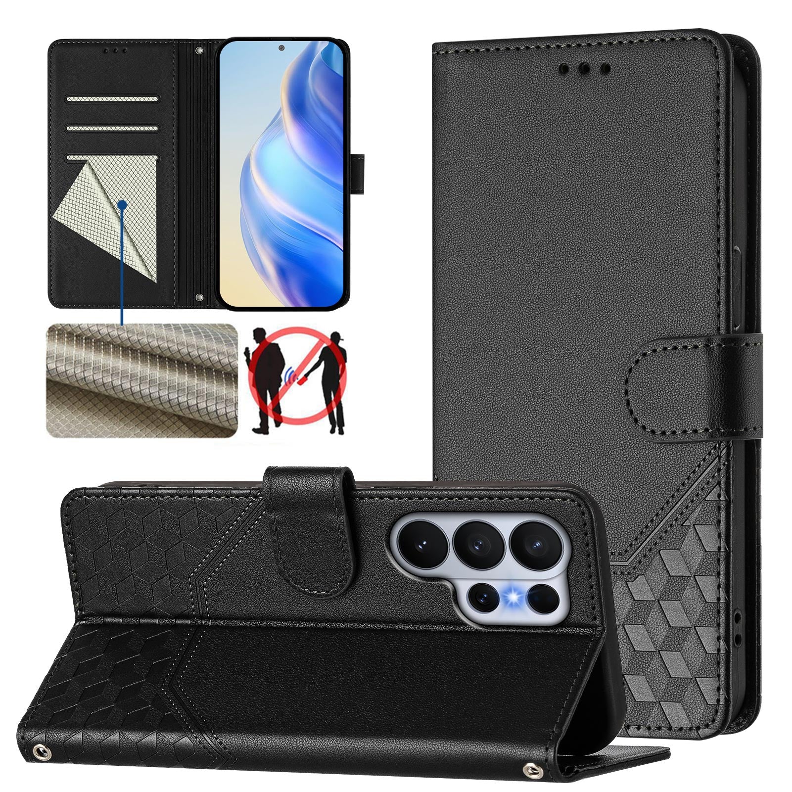 For Samsung Galaxy S26 Ultra Case Imprinted Honeycomb RFID Blocking Leather Phone Cover with Strap