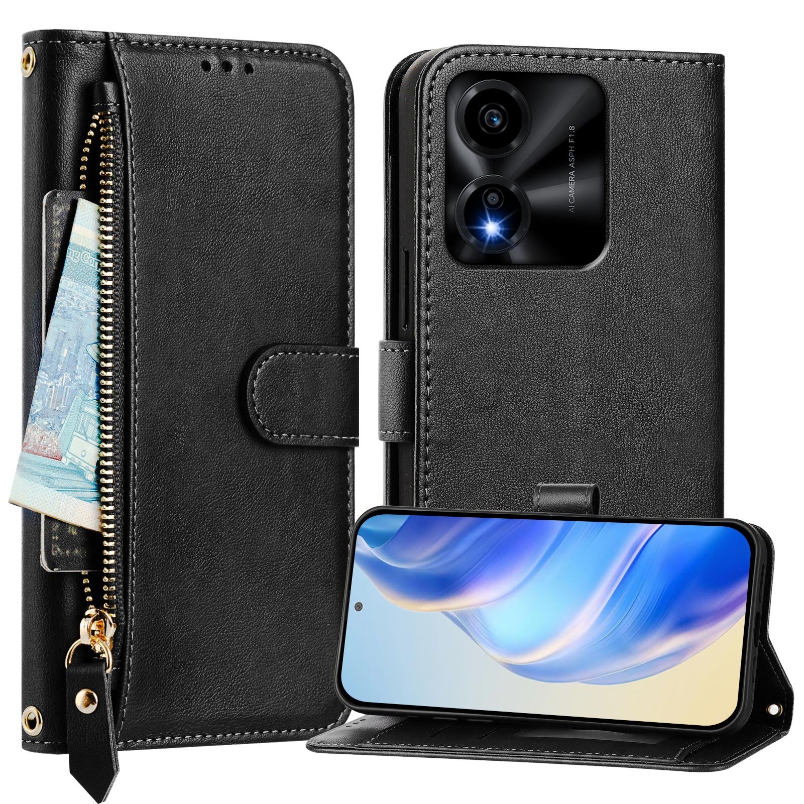 For Honor X5c Plus 4G Case Zipper Pocket Multiple Card Slots Leather Phone Cover