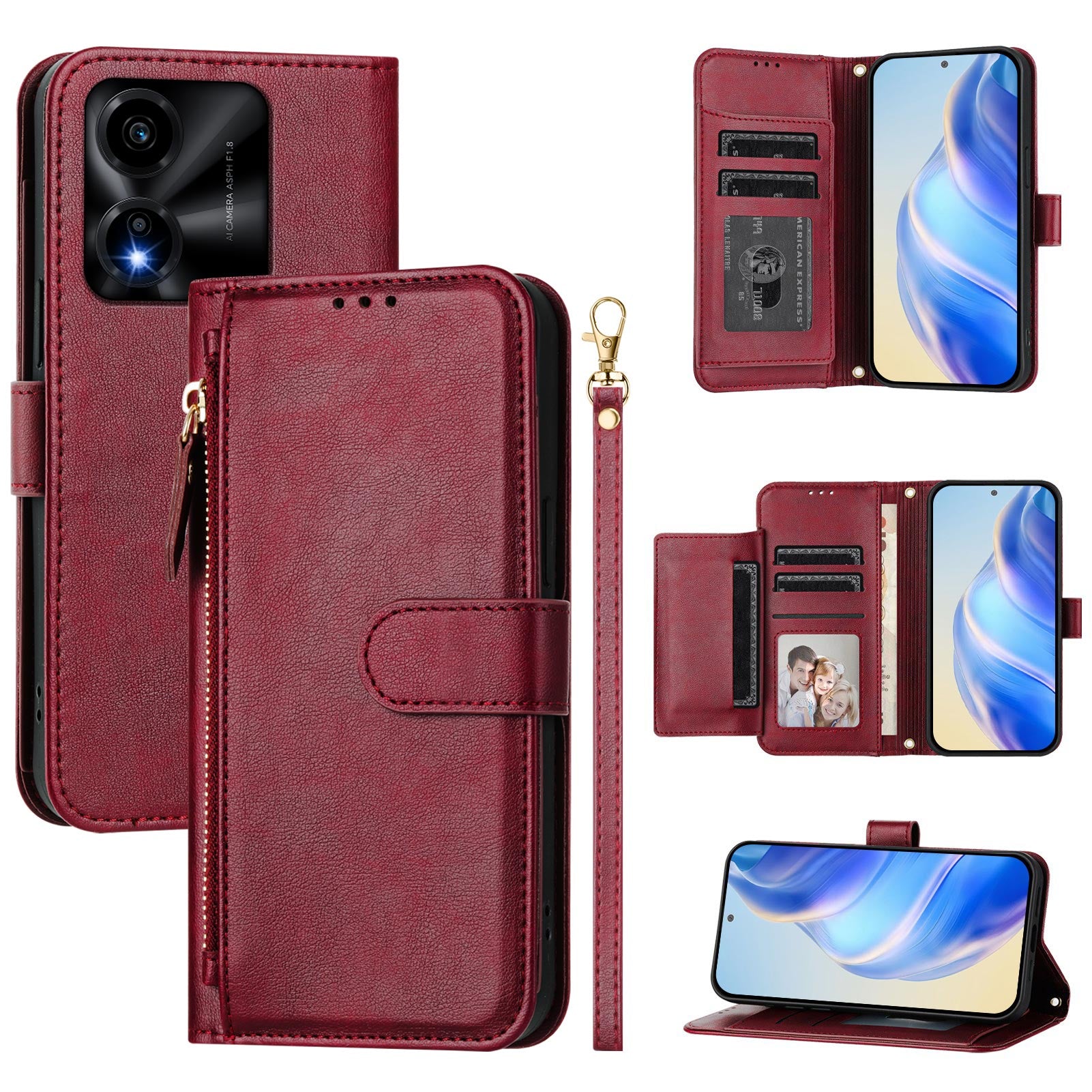 For Honor X5c Plus 4G Case Zipper Pocket Multiple Card Slots Leather Phone Cover