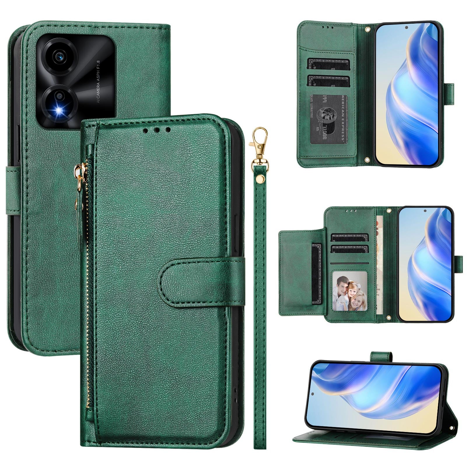 For Honor X5c Plus 4G Case Zipper Pocket Multiple Card Slots Leather Phone Cover