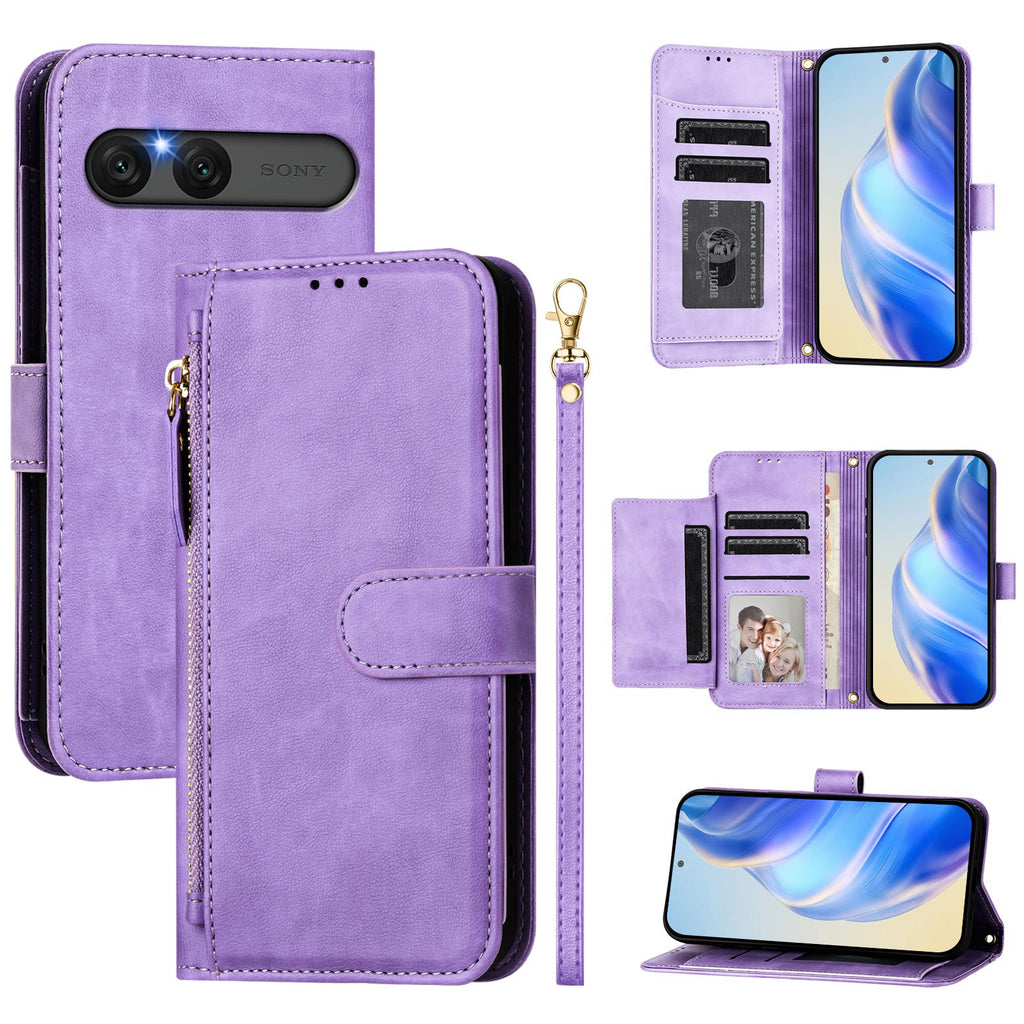 Étui en cuir avec poche zippée et plusieurs emplacements pour cartes pour Sony Xperia 10 VII