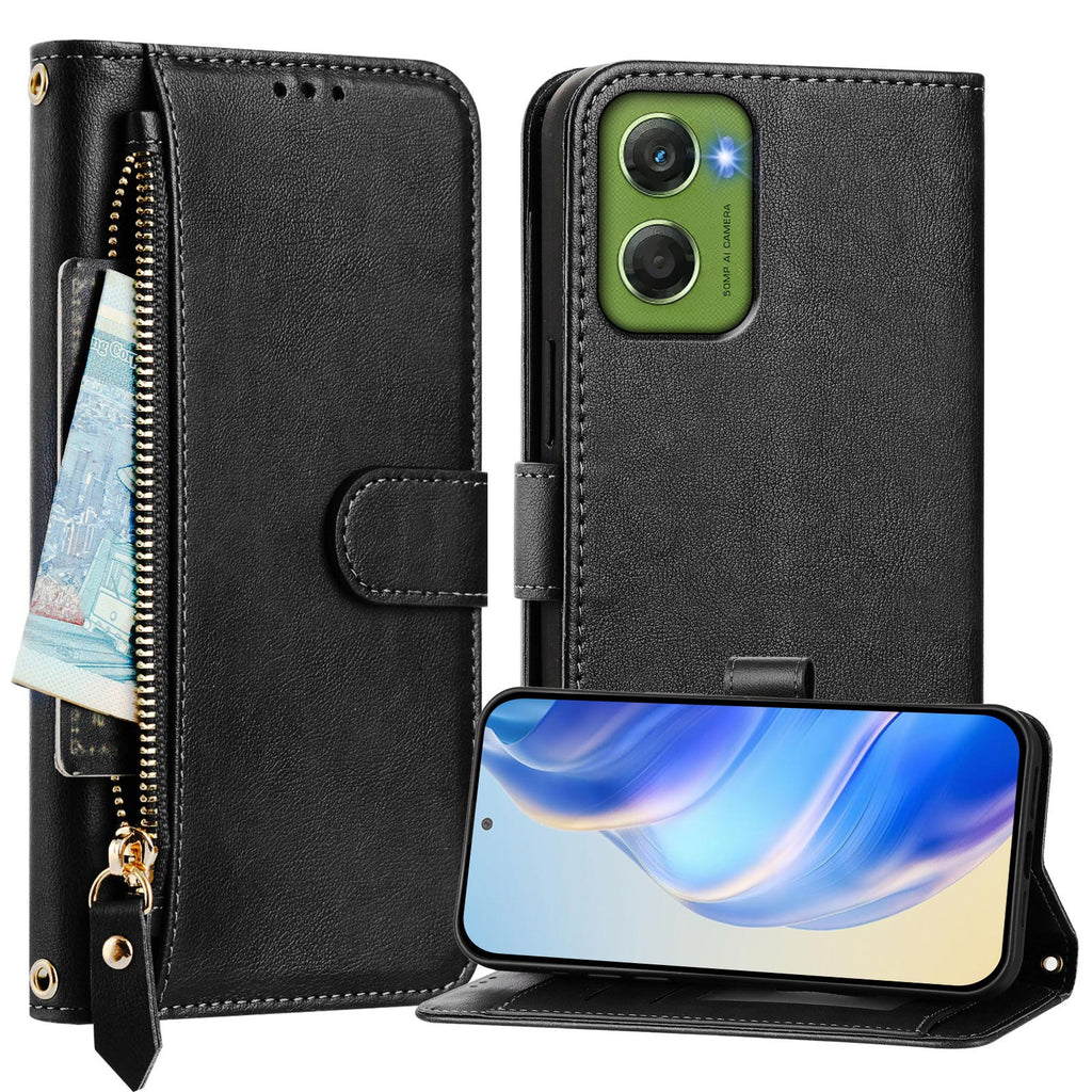 For Motorola Moto G06 4G Case Zipper Pocket Multiple Card Slots Leather Phone Cover