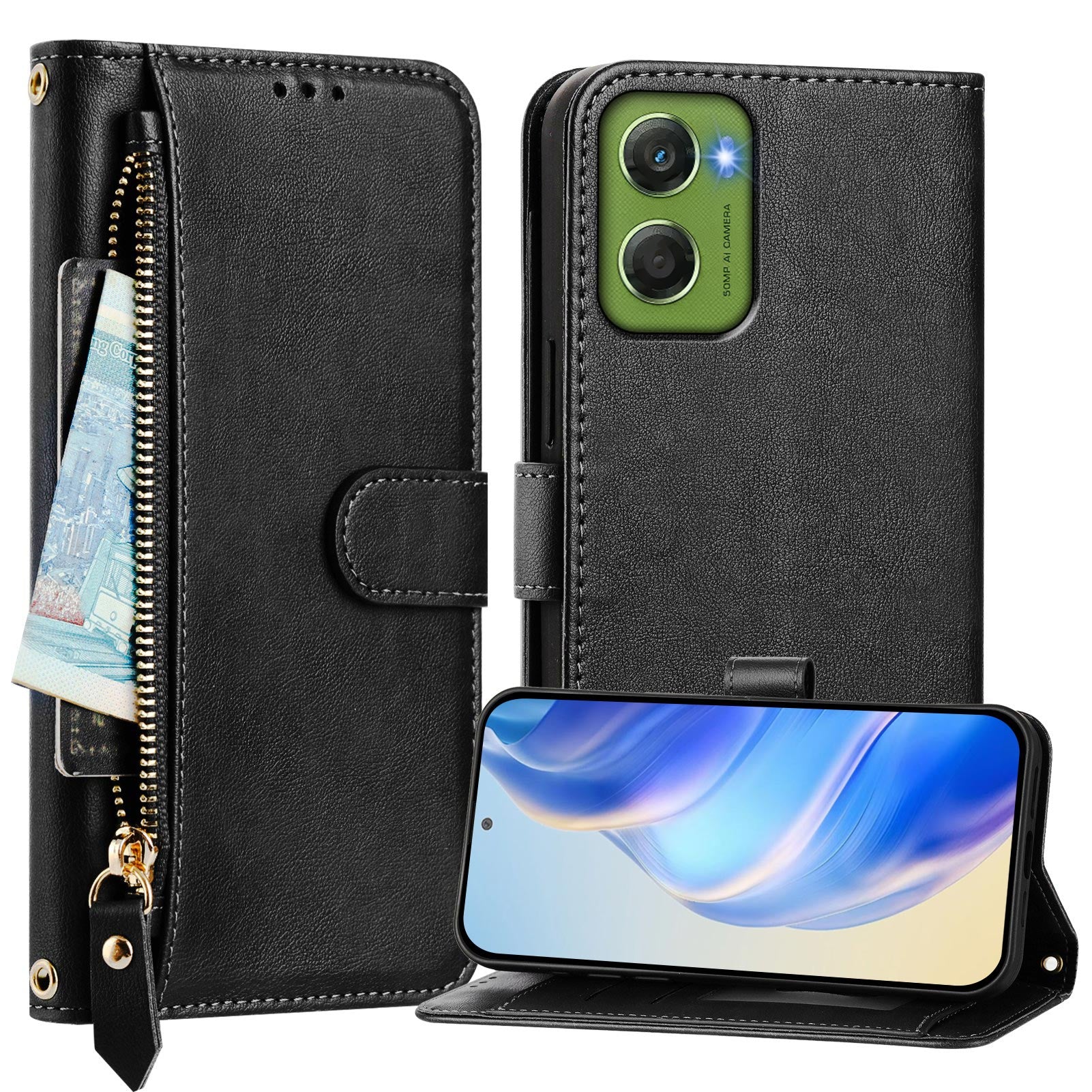 For Motorola Moto G06 4G Case Zipper Pocket Multiple Card Slots Leather Phone Cover