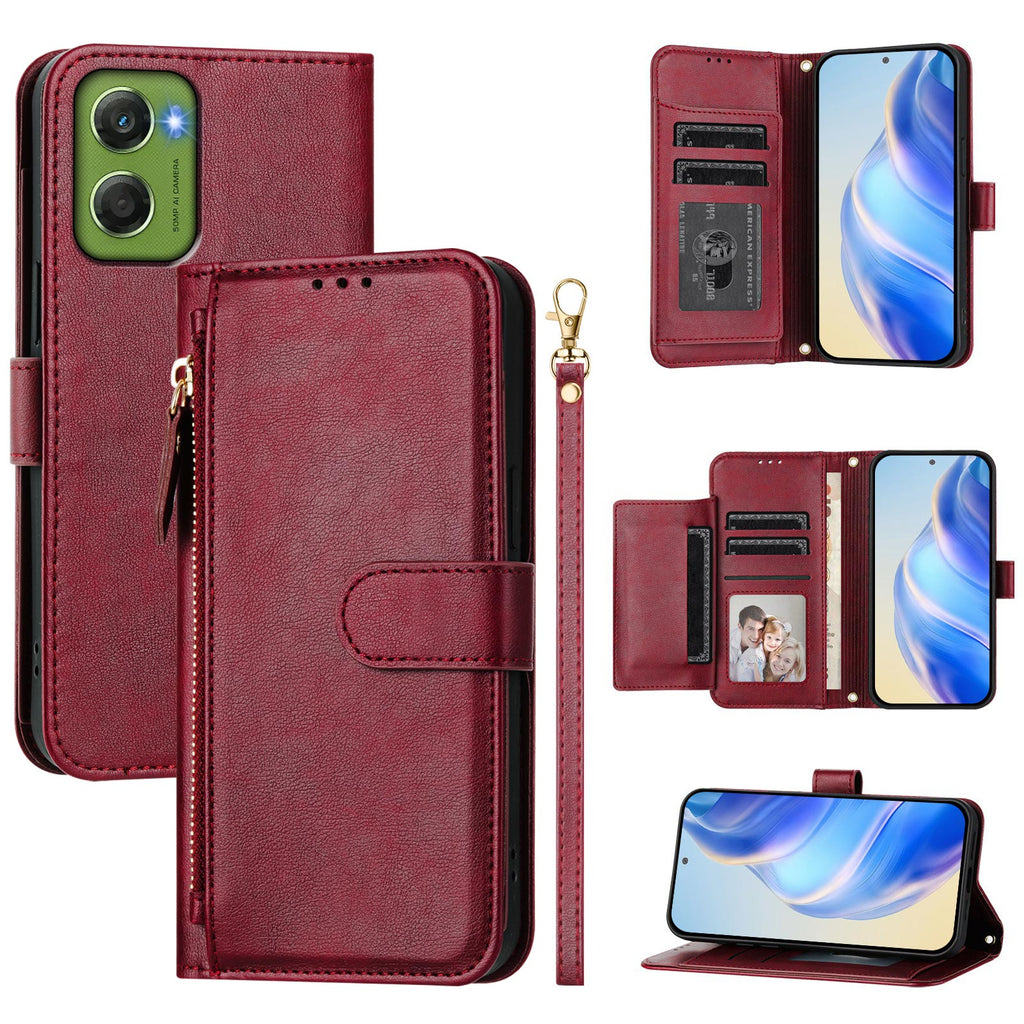 For Motorola Moto G06 4G Case Zipper Pocket Multiple Card Slots Leather Phone Cover