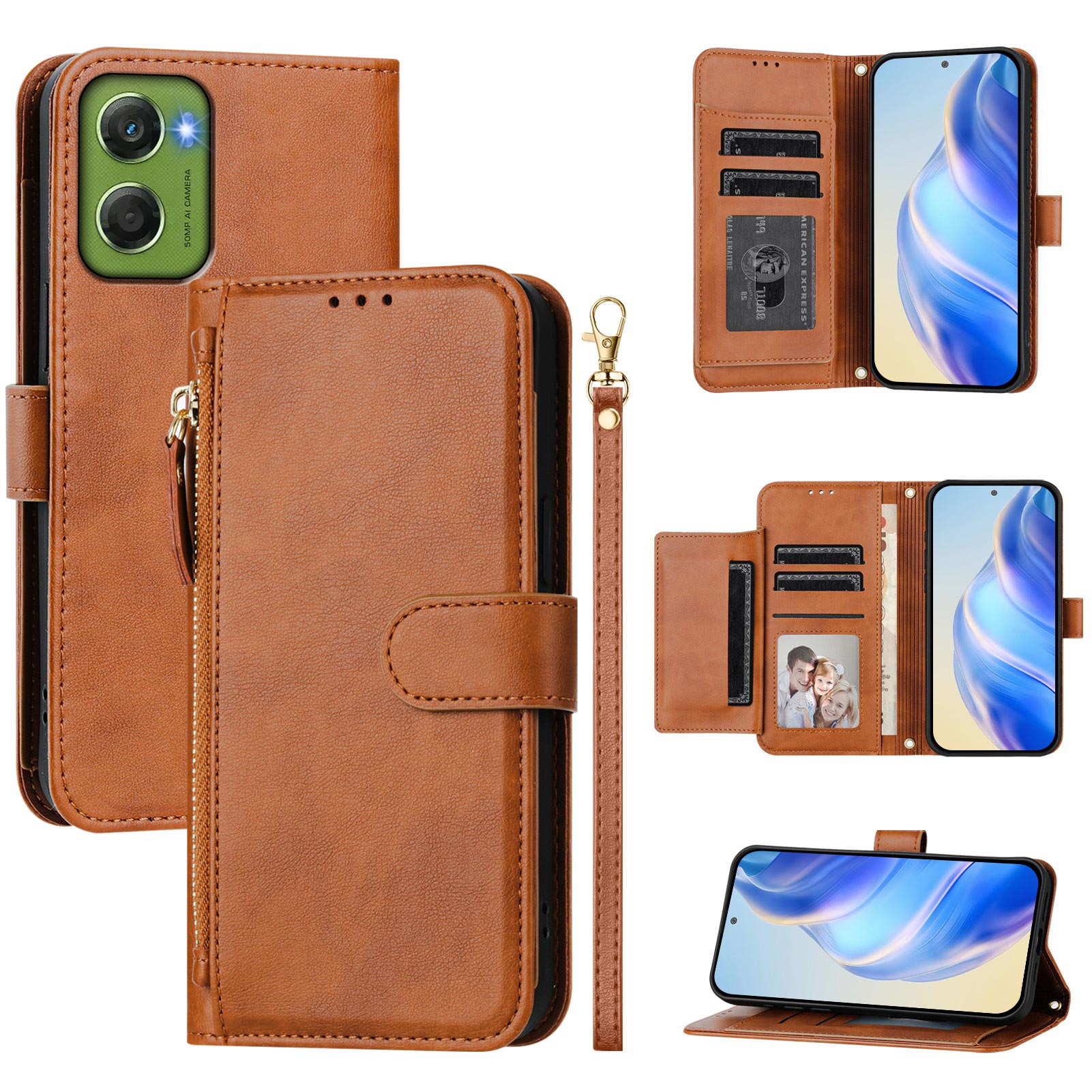 For Motorola Moto G06 4G Case Zipper Pocket Multiple Card Slots Leather Phone Cover