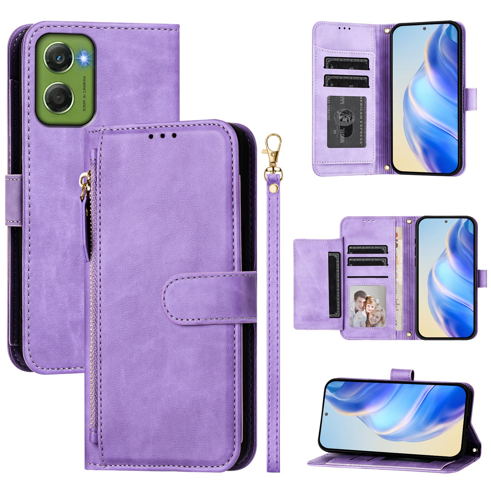 For Motorola Moto G06 4G Case Zipper Pocket Multiple Card Slots Leather Phone Cover