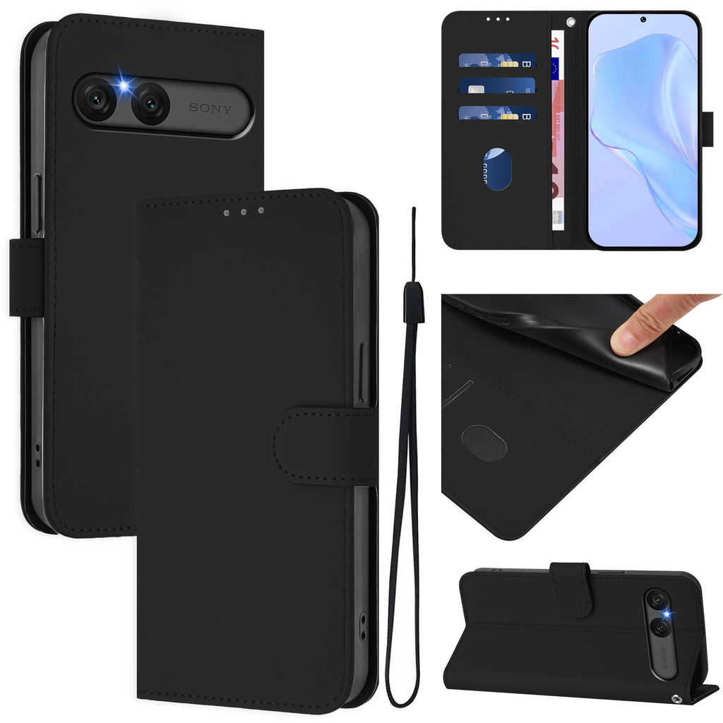 For Sony Xperia 10 VII Case Solid Color Wallet Leather Phone Cover with Strap