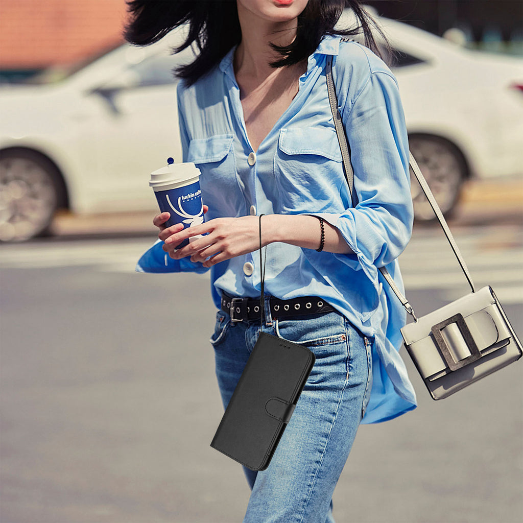 For Sony Xperia 10 VII Wallet Case RFID Blocking Calf Texture Leather Stand Phone Cover with Strap