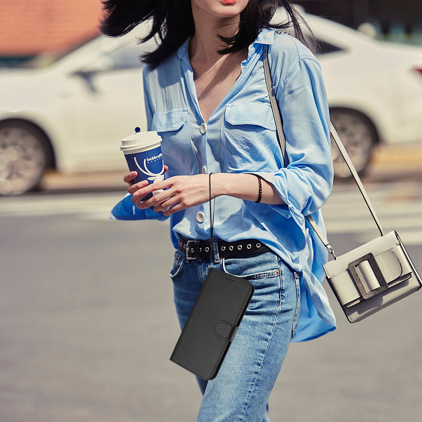 For Sony Xperia 10 VII Wallet Case RFID Blocking Calf Texture Leather Stand Phone Cover with Strap