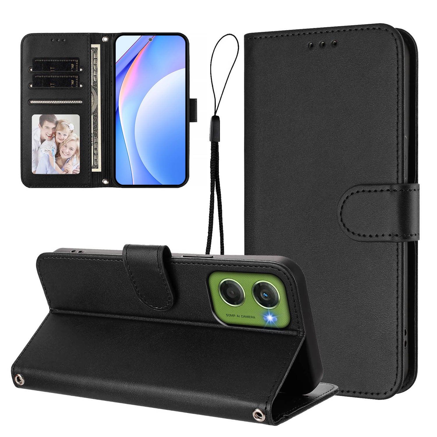 For Motorola Moto G06 4G Wallet Case RFID Blocking Calf Texture Leather Stand Phone Cover with Strap