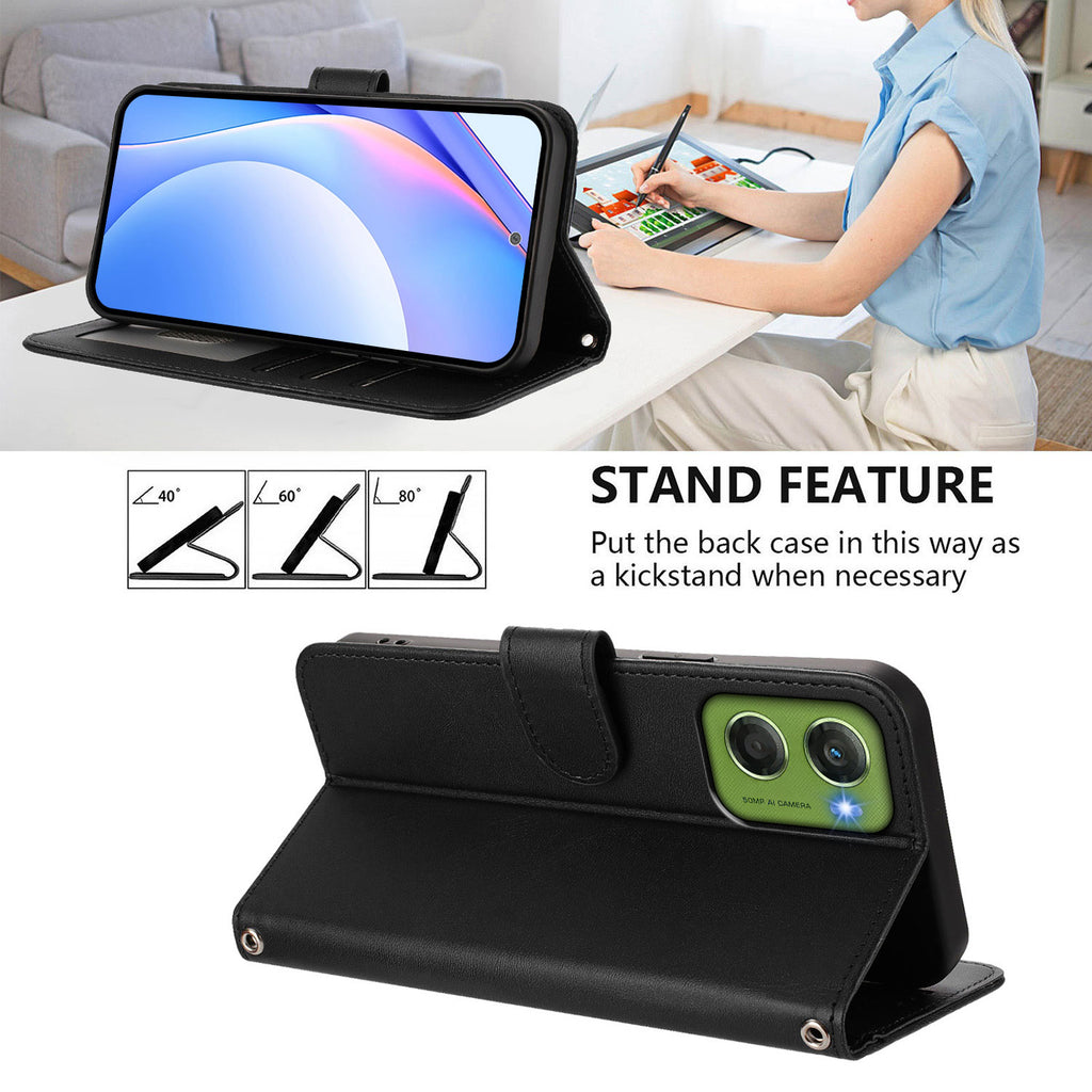 For Motorola Moto G06 4G Wallet Case RFID Blocking Calf Texture Leather Stand Phone Cover with Strap