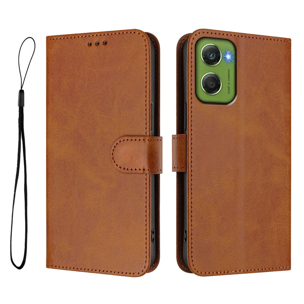 Funda tipo cartera para Motorola Moto G06 4G con bloqueo RFID, fabricada en piel de becerro texturizada, con soporte y correa.