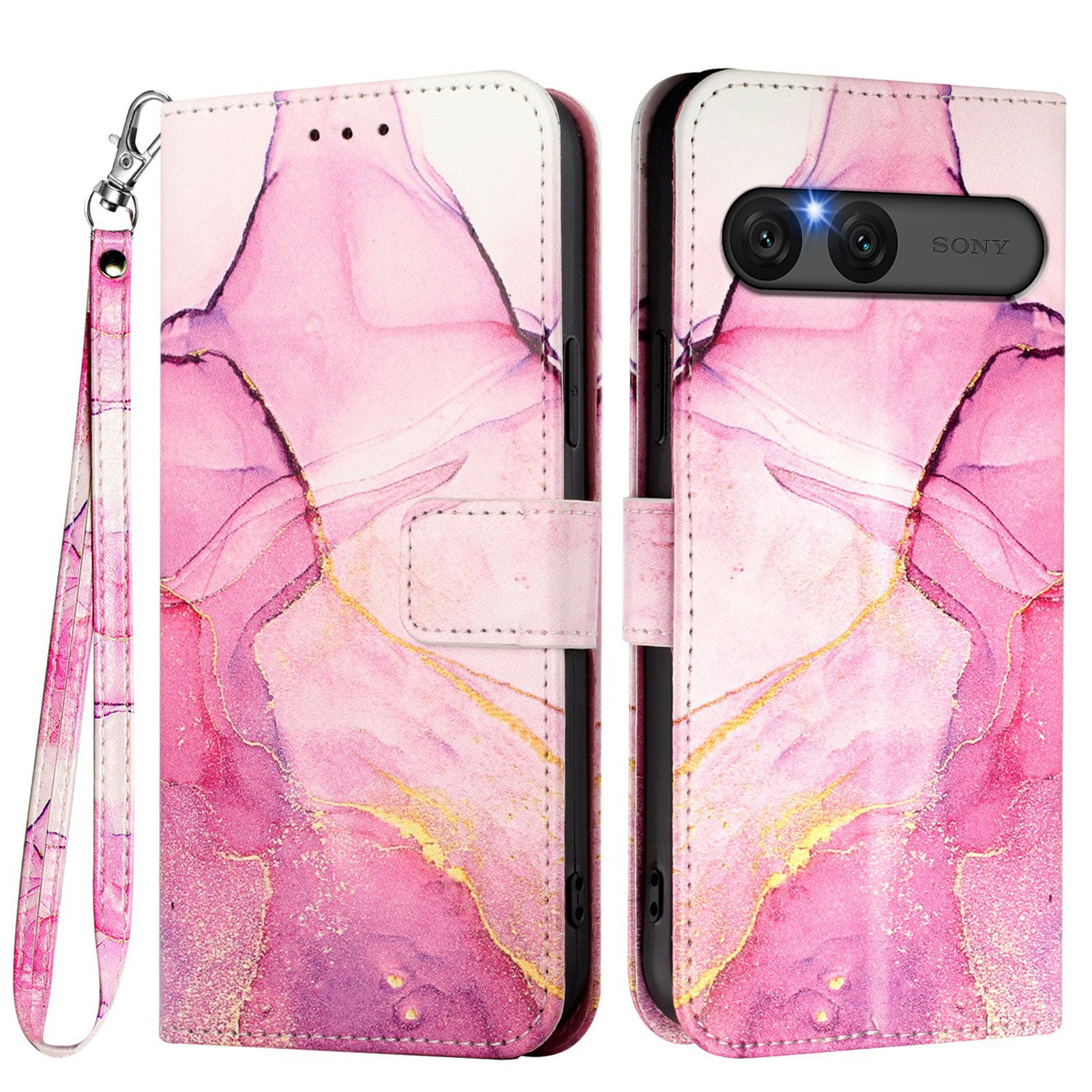 For Sony Xperia 10 VII Case with Strap Marble Pattern Leather Phone Cover Card Holder