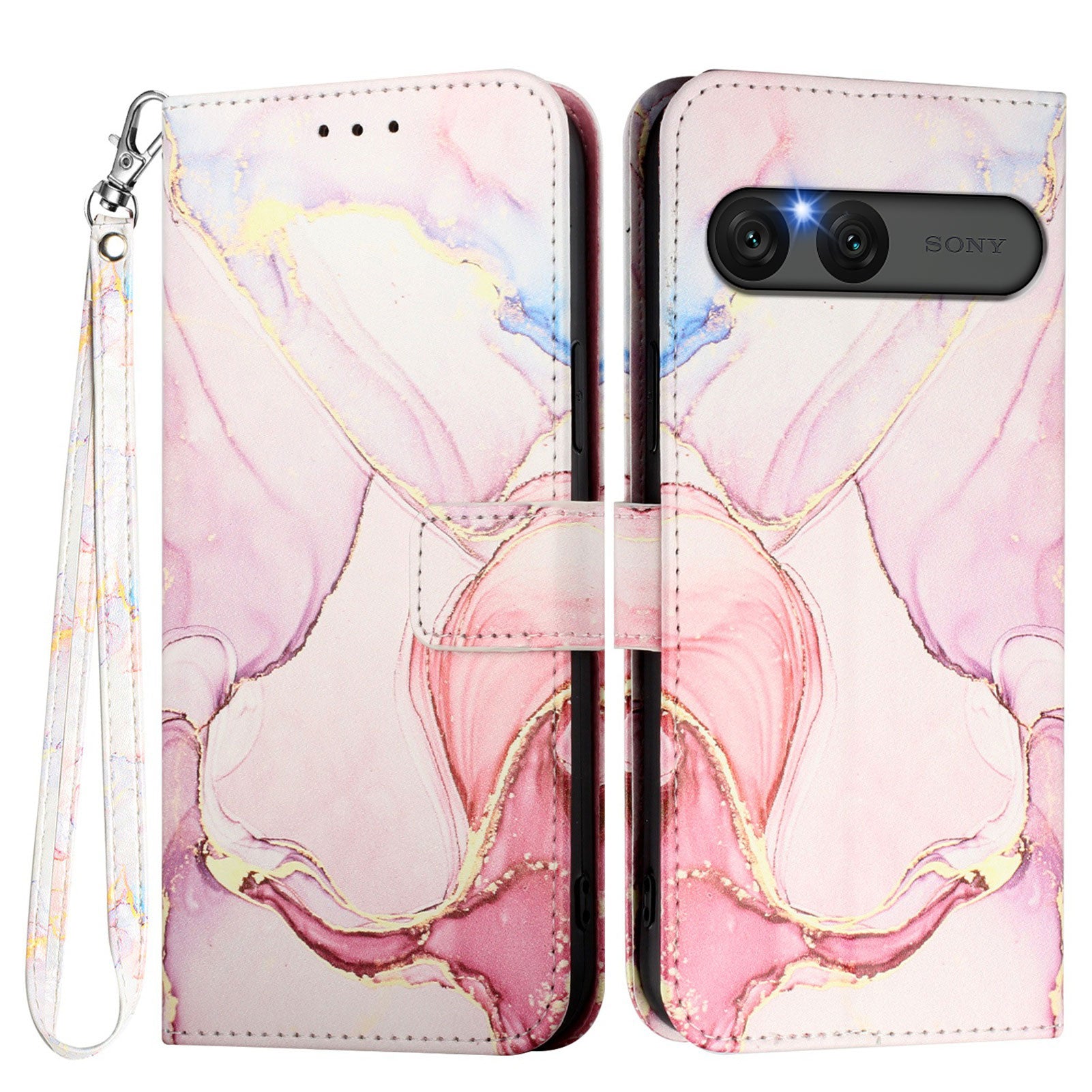 For Sony Xperia 10 VII Case with Strap Marble Pattern Leather Phone Cover Card Holder