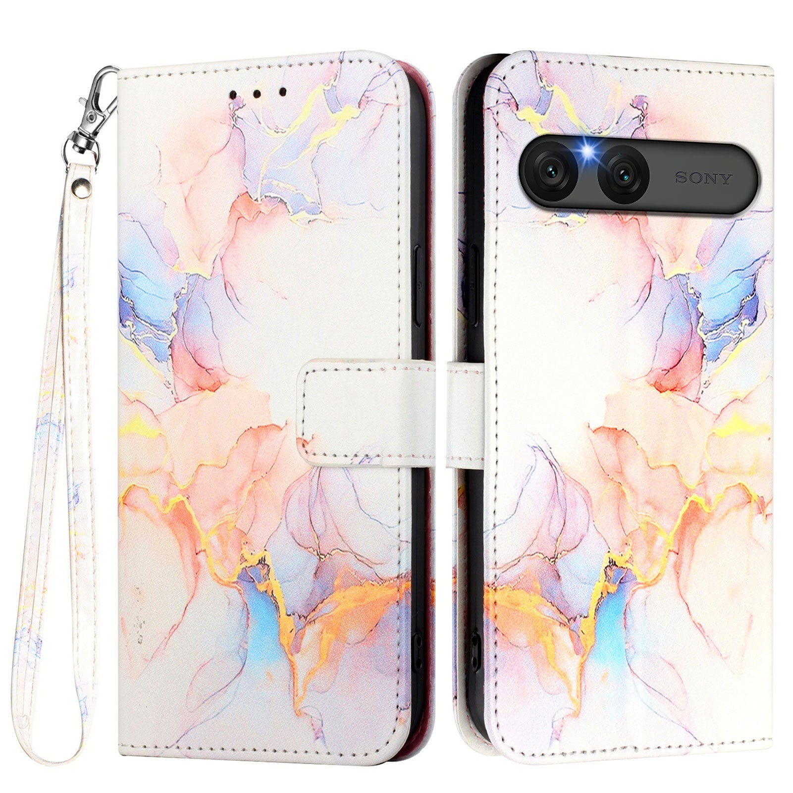 For Sony Xperia 10 VII Case with Strap Marble Pattern Leather Phone Cover Card Holder
