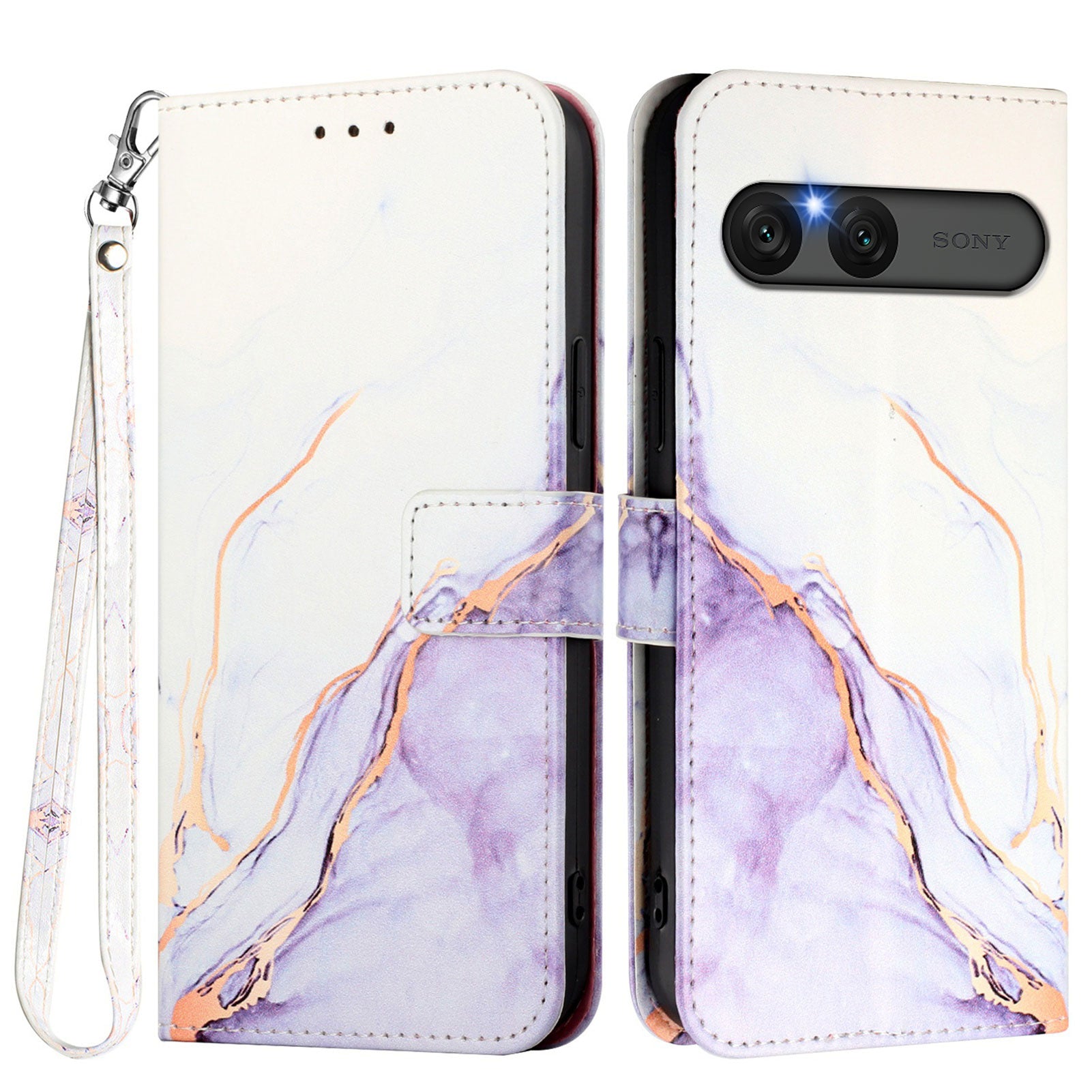 For Sony Xperia 10 VII Case with Strap Marble Pattern Leather Phone Cover Card Holder