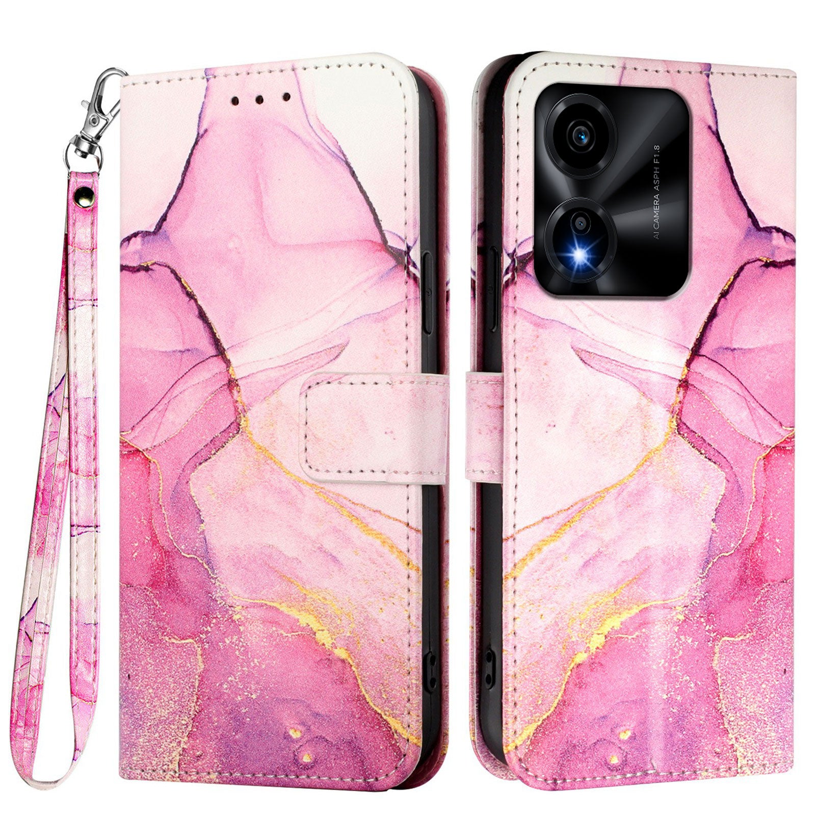 For Honor X5c Plus 4G Case with Strap Marble Pattern Leather Phone Cover Card Holder