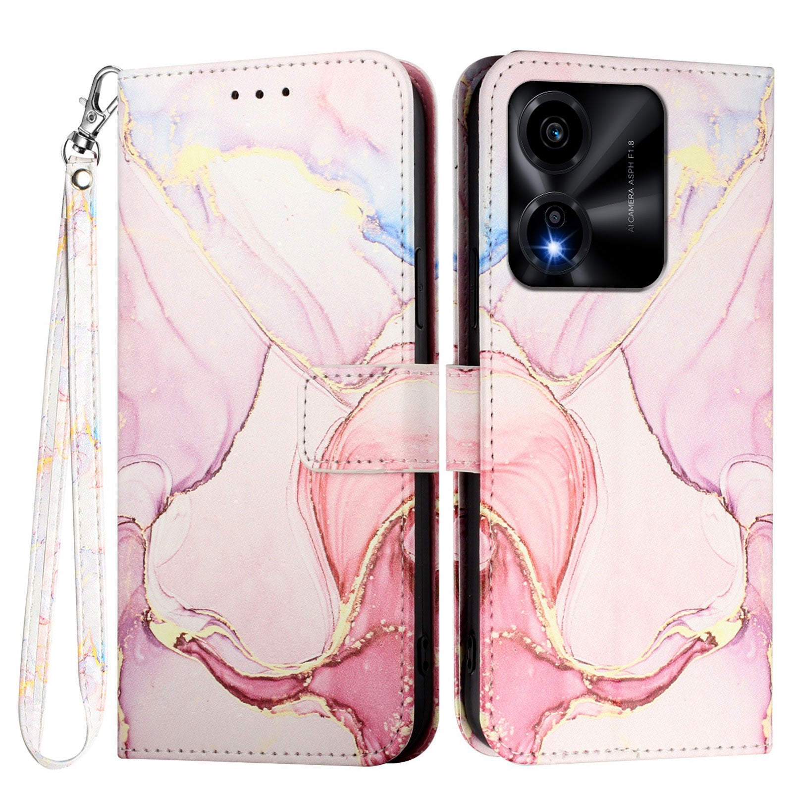 For Honor X5c Plus 4G Case with Strap Marble Pattern Leather Phone Cover Card Holder