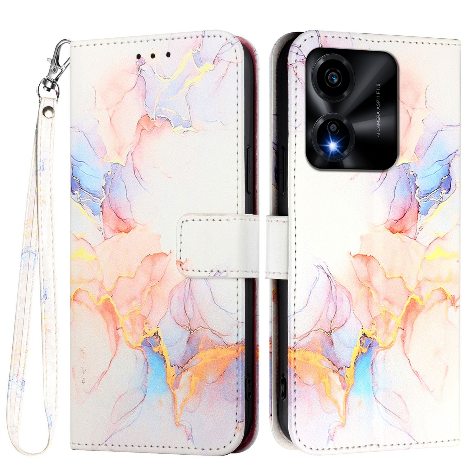 For Honor X5c Plus 4G Case with Strap Marble Pattern Leather Phone Cover Card Holder