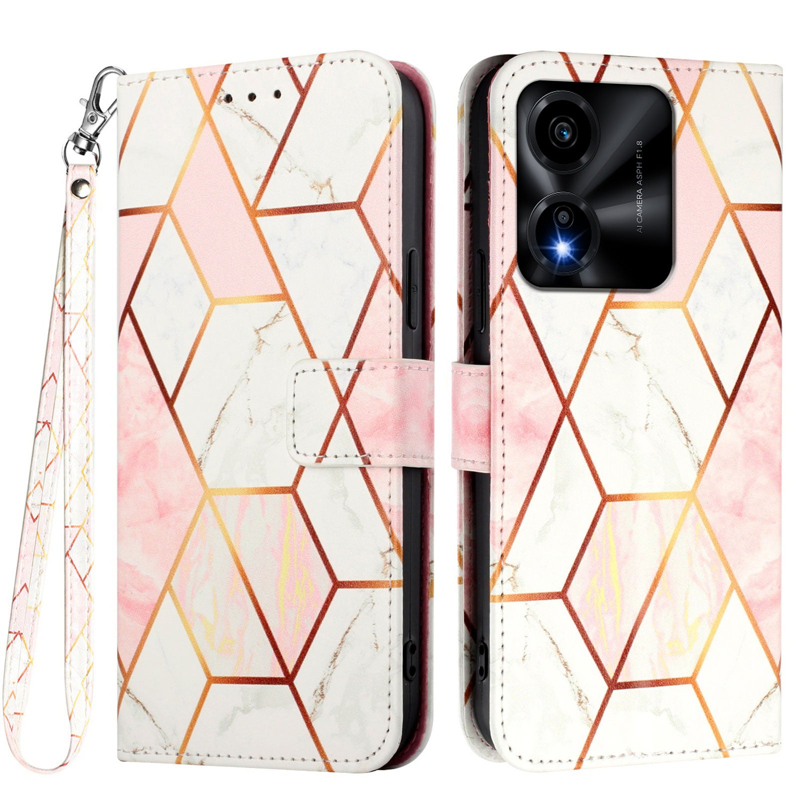 For Honor X5c Plus 4G Case with Strap Marble Pattern Leather Phone Cover Card Holder