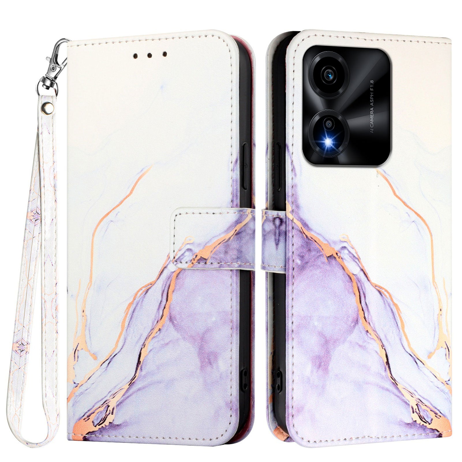 For Honor X5c Plus 4G Case with Strap Marble Pattern Leather Phone Cover Card Holder
