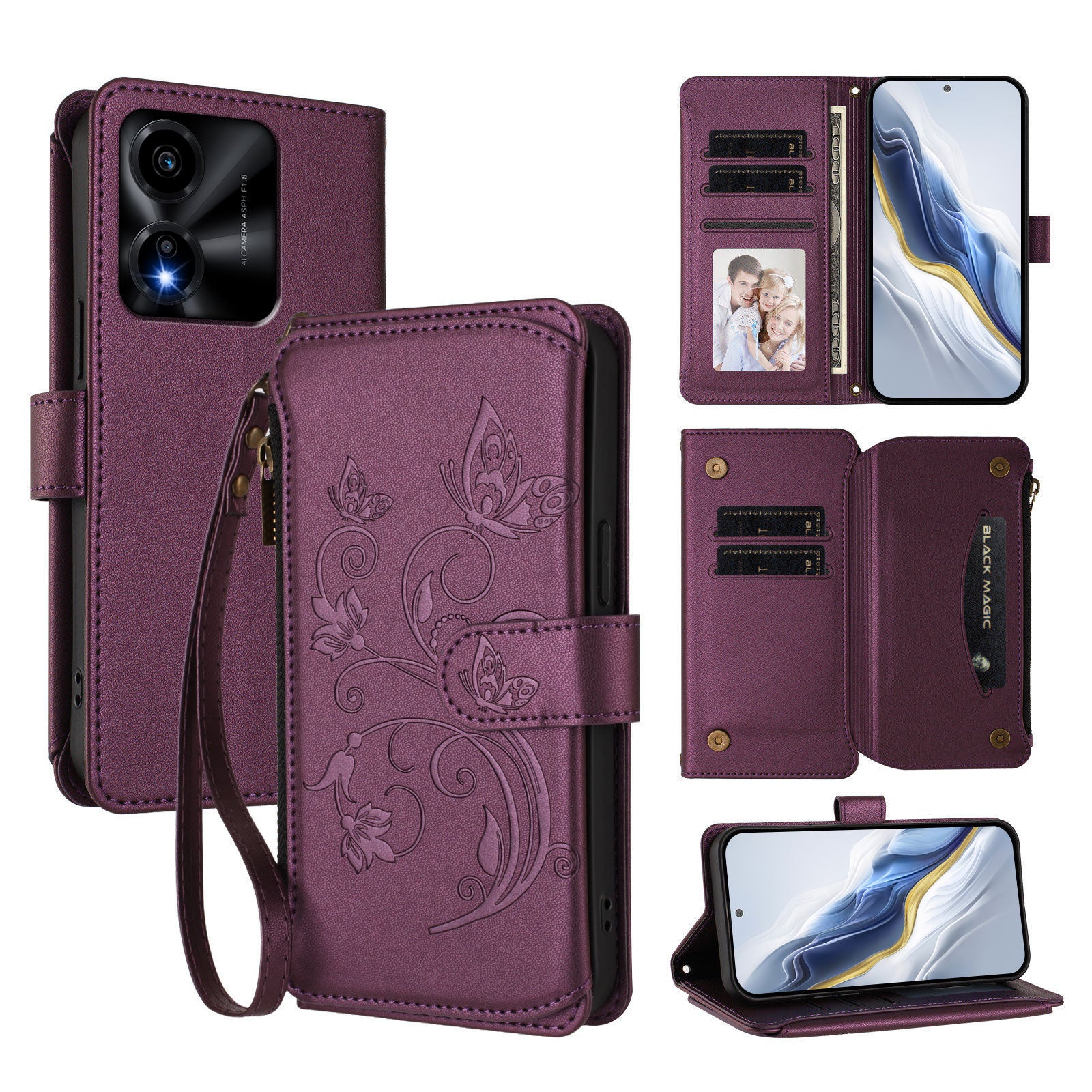 For Honor X5c Plus 4G Leather Case Butterfly Floral Imprint Zipper Wallet Stand Cover with Wrist Strap