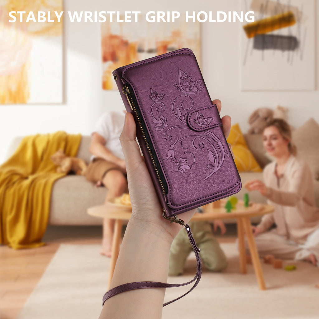 For Honor X5c Plus 4G Leather Case Butterfly Floral Imprint Zipper Wallet Stand Cover with Wrist Strap