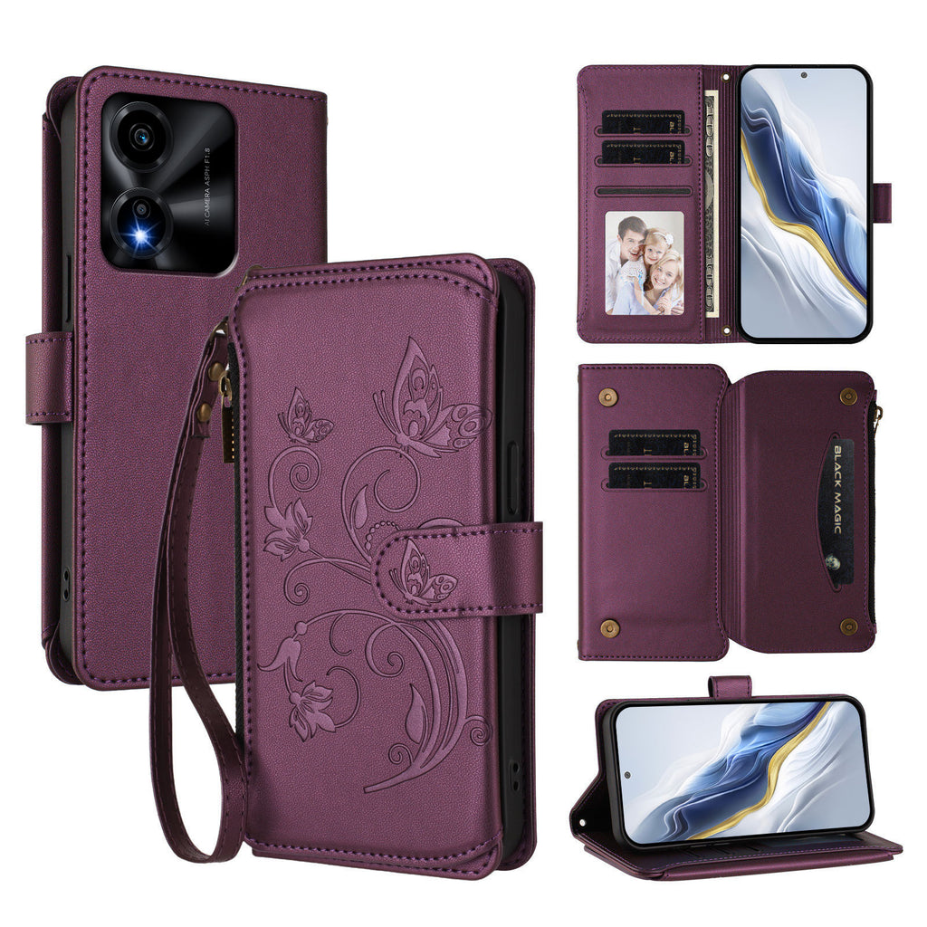 For Honor X5c Plus 4G Leather Case Butterfly Floral Imprint Zipper Wallet Stand Cover with Wrist Strap