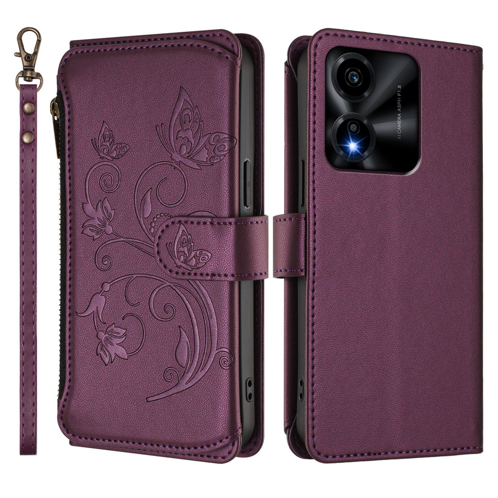 For Honor X5c Plus 4G Leather Case Butterfly Floral Imprint Zipper Wallet Stand Cover with Wrist Strap