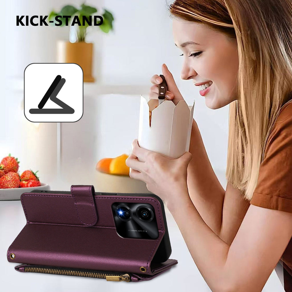 For Honor X5c Plus 4G Leather Case Butterfly Floral Imprint Zipper Wallet Stand Cover with Wrist Strap