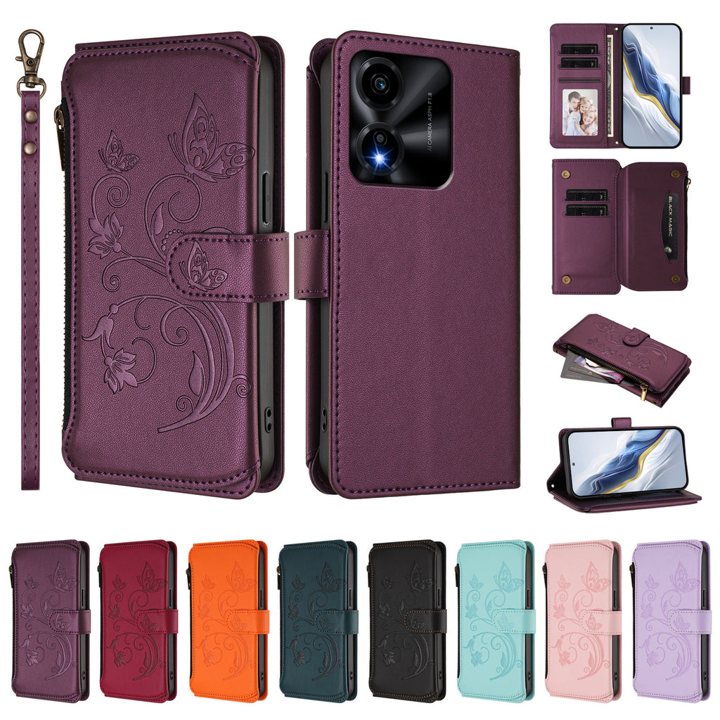 For Honor X5c Plus 4G Leather Case Butterfly Floral Imprint Zipper Wallet Stand Cover with Wrist Strap
