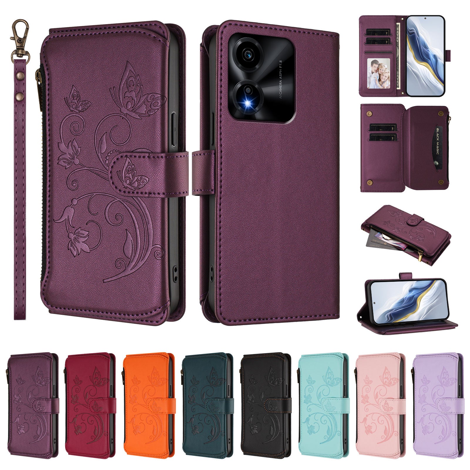 For Honor X5c Plus 4G Leather Case Butterfly Floral Imprint Zipper Wallet Stand Cover with Wrist Strap