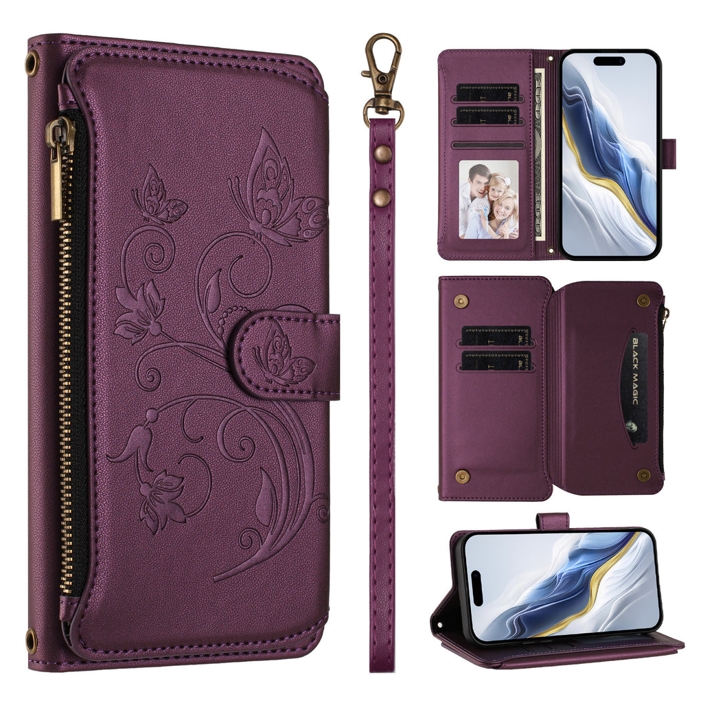 For Honor X5c Plus 4G Leather Case Butterfly Floral Imprint Zipper Wallet Stand Cover with Wrist Strap