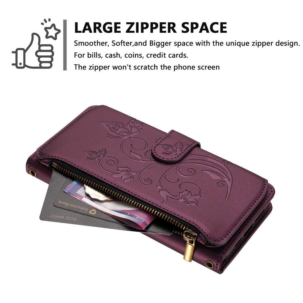 For Honor X5c Plus 4G Leather Case Butterfly Floral Imprint Zipper Wallet Stand Cover with Wrist Strap